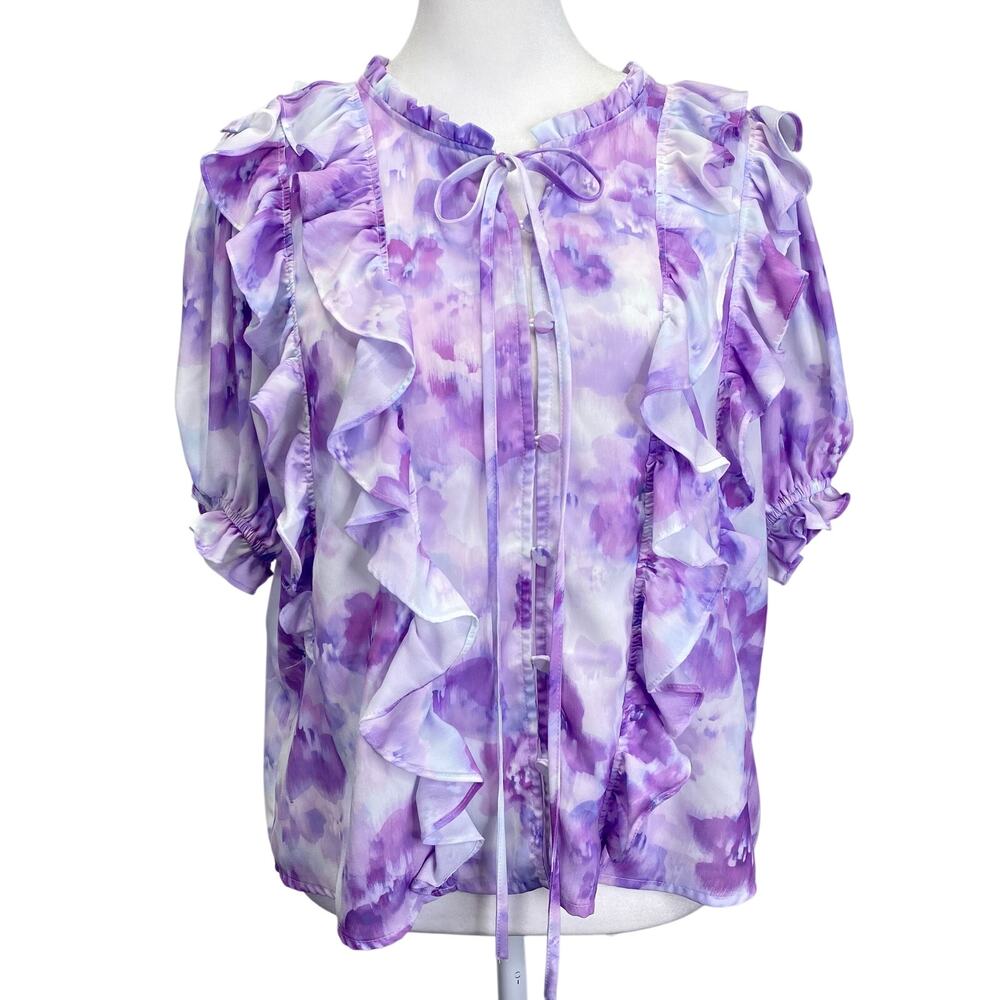 FOR LOVE & LEMONS Ruffled Blouse Zinnia Lilac Floral Romantic Spring Chiffon Sm